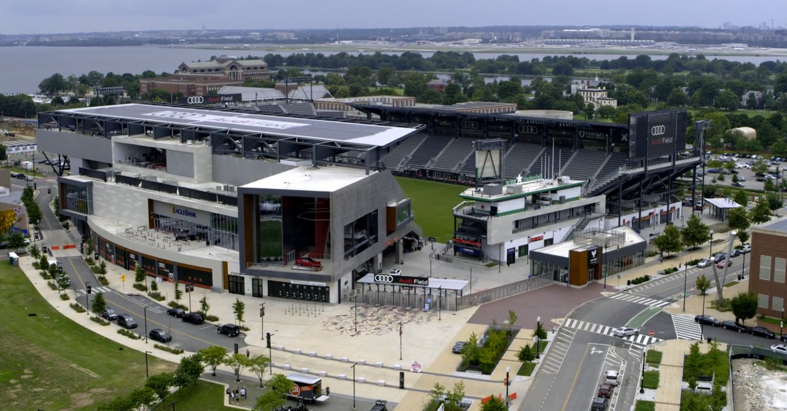 an aerial view of audi field soccer stadium